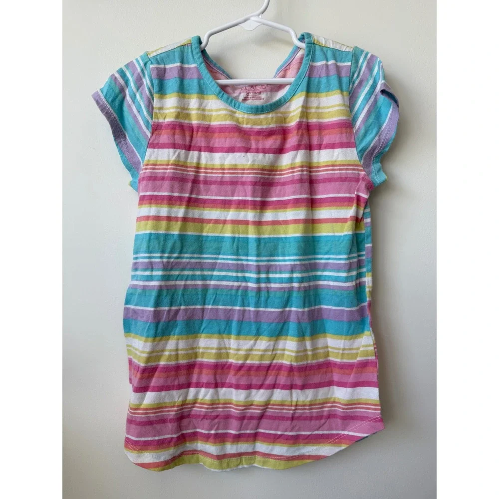 The Childrens Place Girls Striped Short Sleeve Tee Pink Teal Yellow Size L 10/12